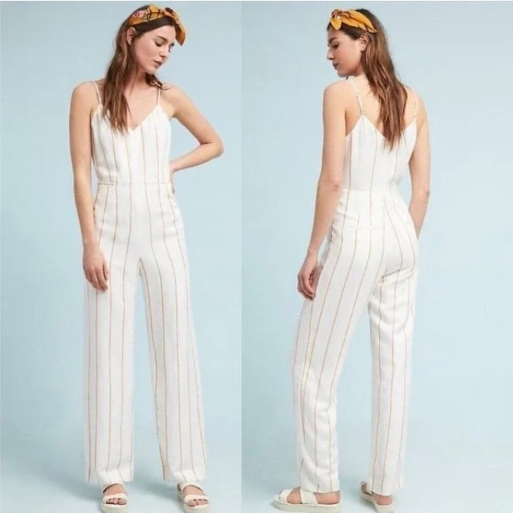 ANTHROPOLOGIE The Essential White Stripped Jumpsuit Size Small (Size 2)